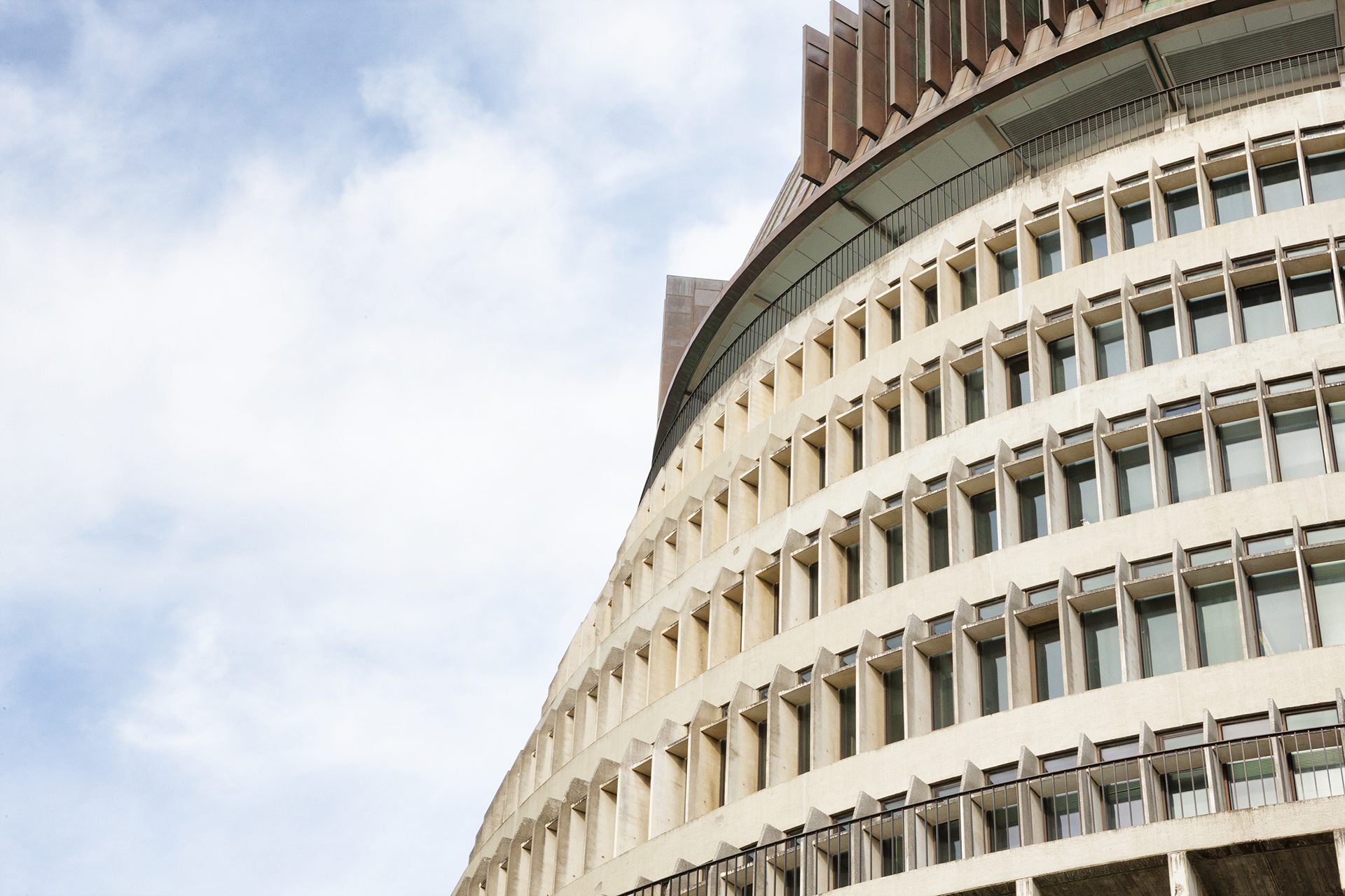 The Beehive Parliament Building in Wellington, New Zealand