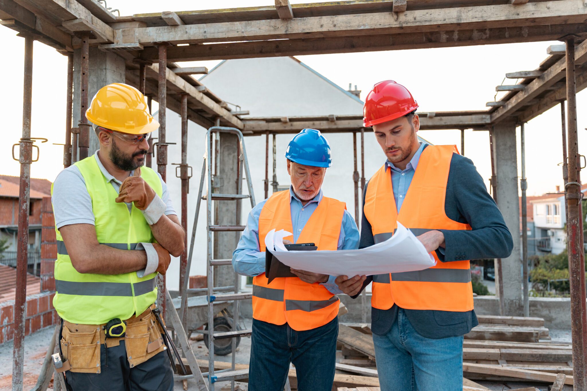 Caucasian architect, building contractor and engineer, having an meeting about project on a construction site