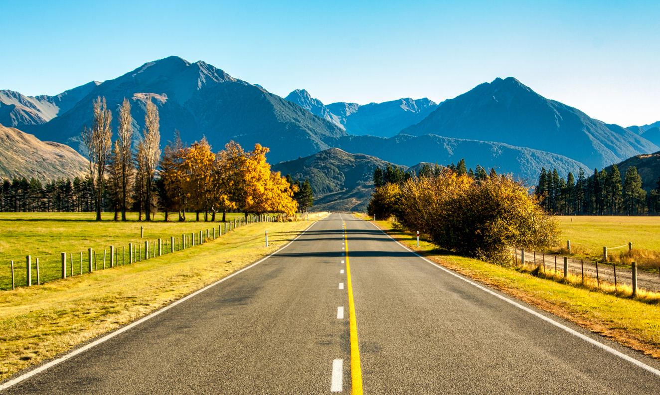 Highway through the Castle Hill area heading  towards the Southern Alps of New Zealand