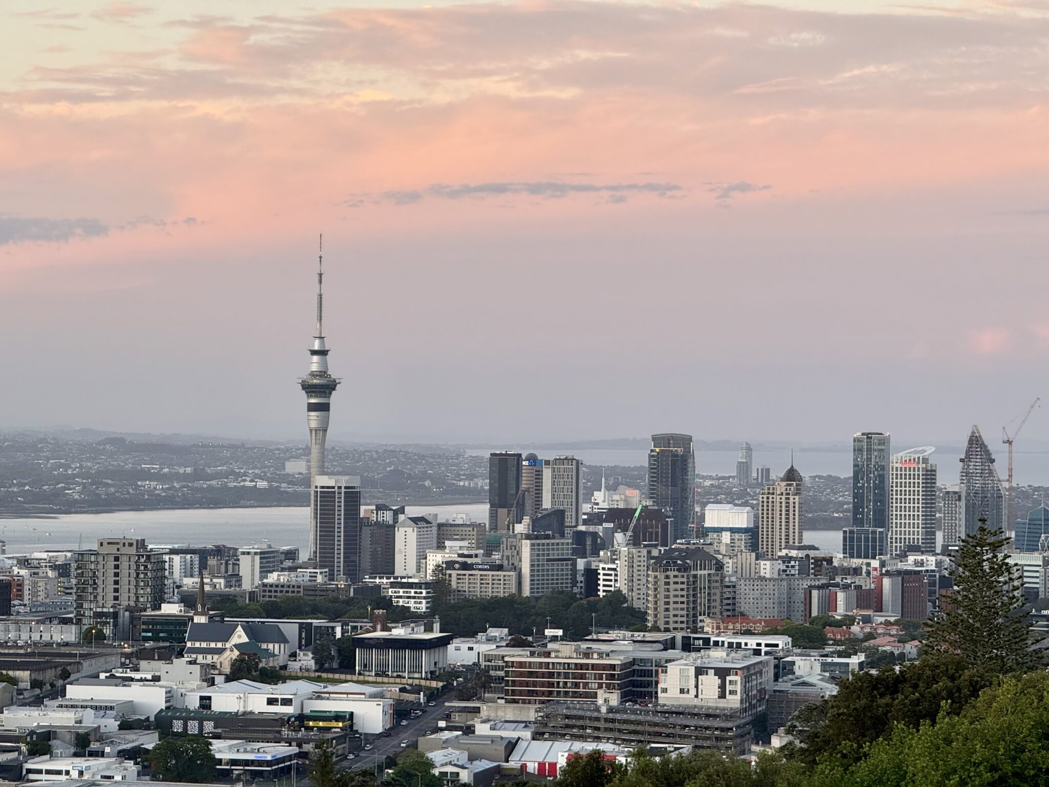 Panoramic view of Auckland CBD skyline at sunset, New Zealand
